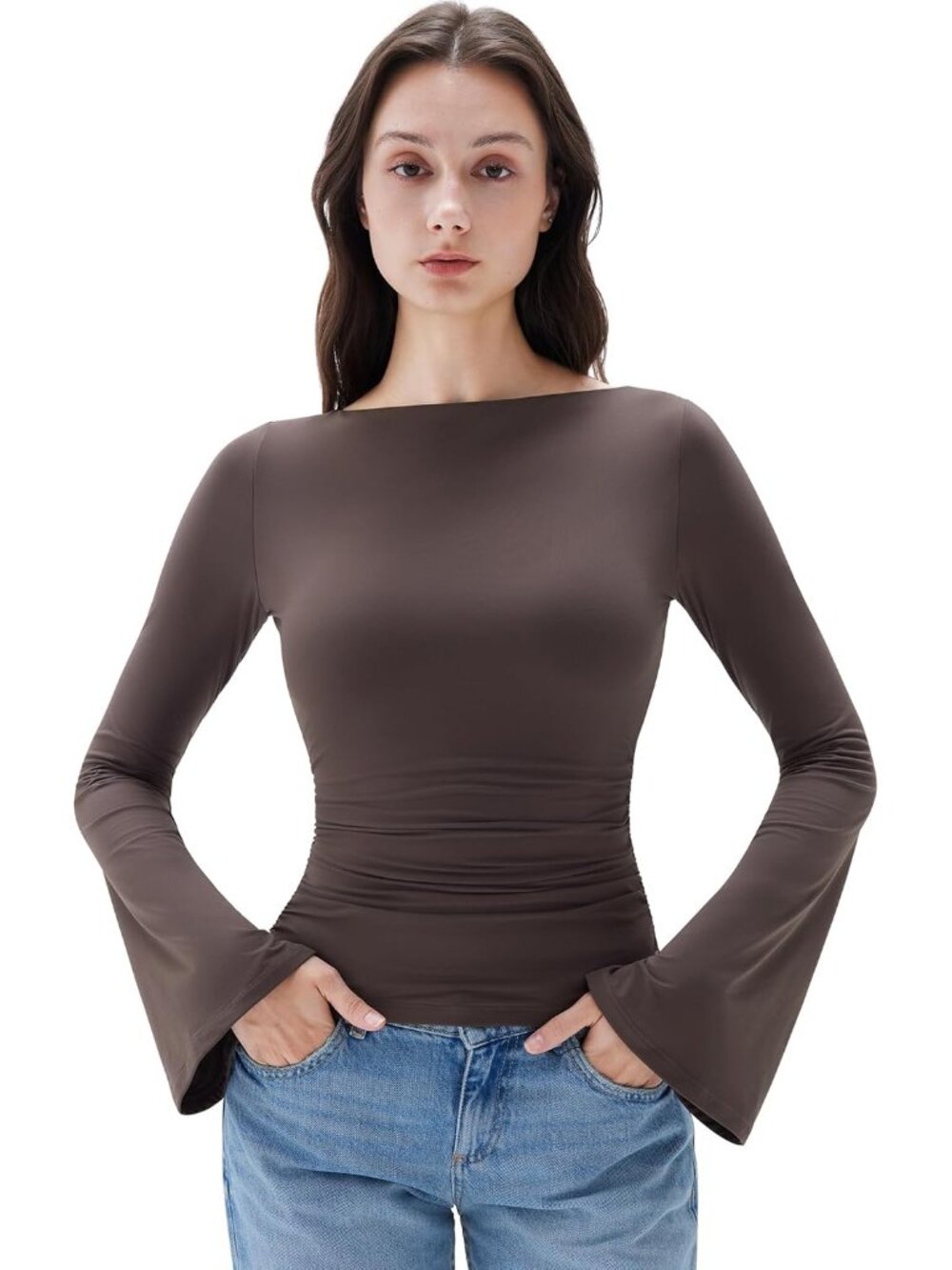 Women's Brown Long Sleeve Crew Neck Double Lined Casual Tops Basic T Shirts - Picture 1 of 6
